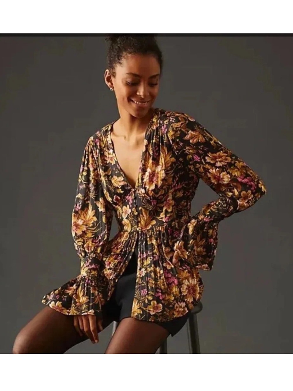 Anthropologie Black Floral Peasant Blouse with Gold & Pink Accents